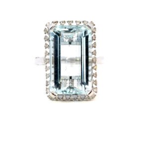 9K White Gold Ring Emerald cut Aquamarine 15.38 Carat White Diamonds TDW 0.21 Carat