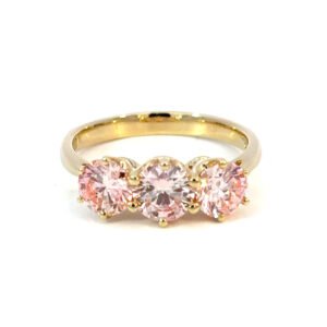 9K Yellow Gold Trilogy Ring 3 Pink Round Lab Grown Diamonds TDW 2.01 Carat