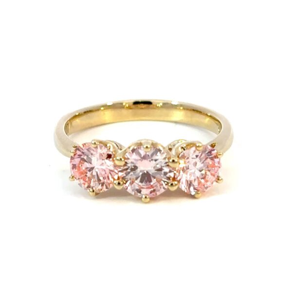 9K Yellow Gold Trilogy Ring 3 Pink Round Lab Grown Diamonds TDW 2.01 Carat