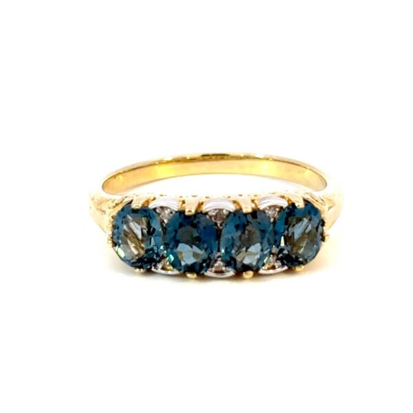 9K Yellow Gold Ring 4 Oval London Topaz White Diamonds TDW 0.03 Carat