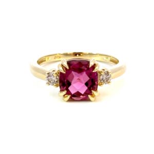 9K Yellow Gold Ring Cushion cut Pink Tourmaline 2.35 Carat 2 Round White Diamonds TDW 0.17 Carat