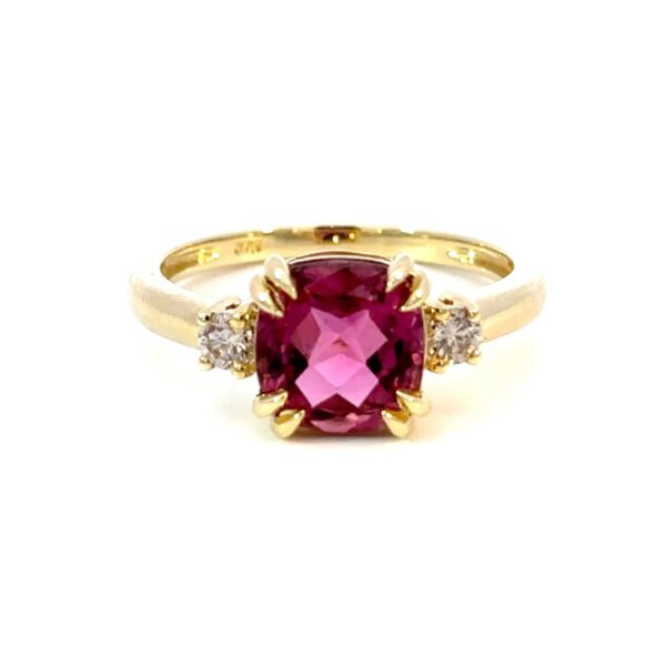 9K Yellow Gold Ring Cushion cut Pink Tourmaline 2.35 Carat 2 Round White Diamonds TDW 0.17 Carat
