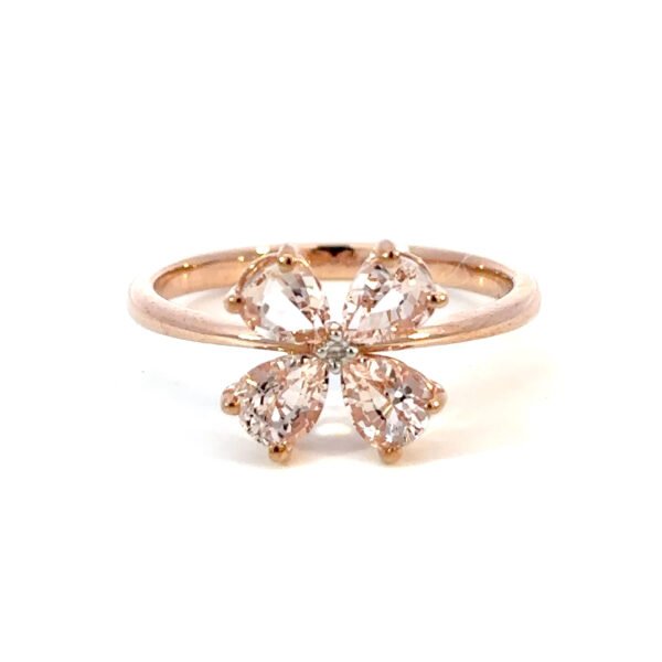 9K Rose Gold Ring 4 Pear shaped Morganites TCW 1.23 Carat Round White Diamond 0.01 Carat