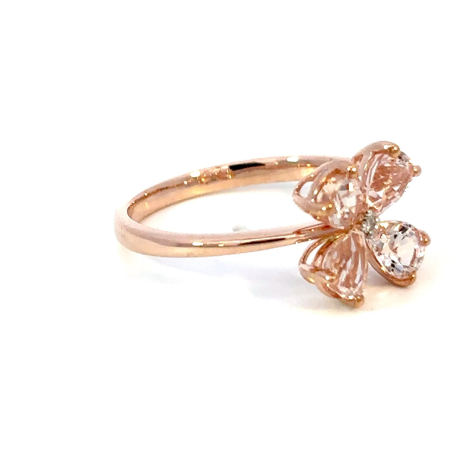 9K Rose Gold Ring 4 Pear shaped Morganites TCW 1.23 Carat Round White Diamond 0.01 Carat - Image 3