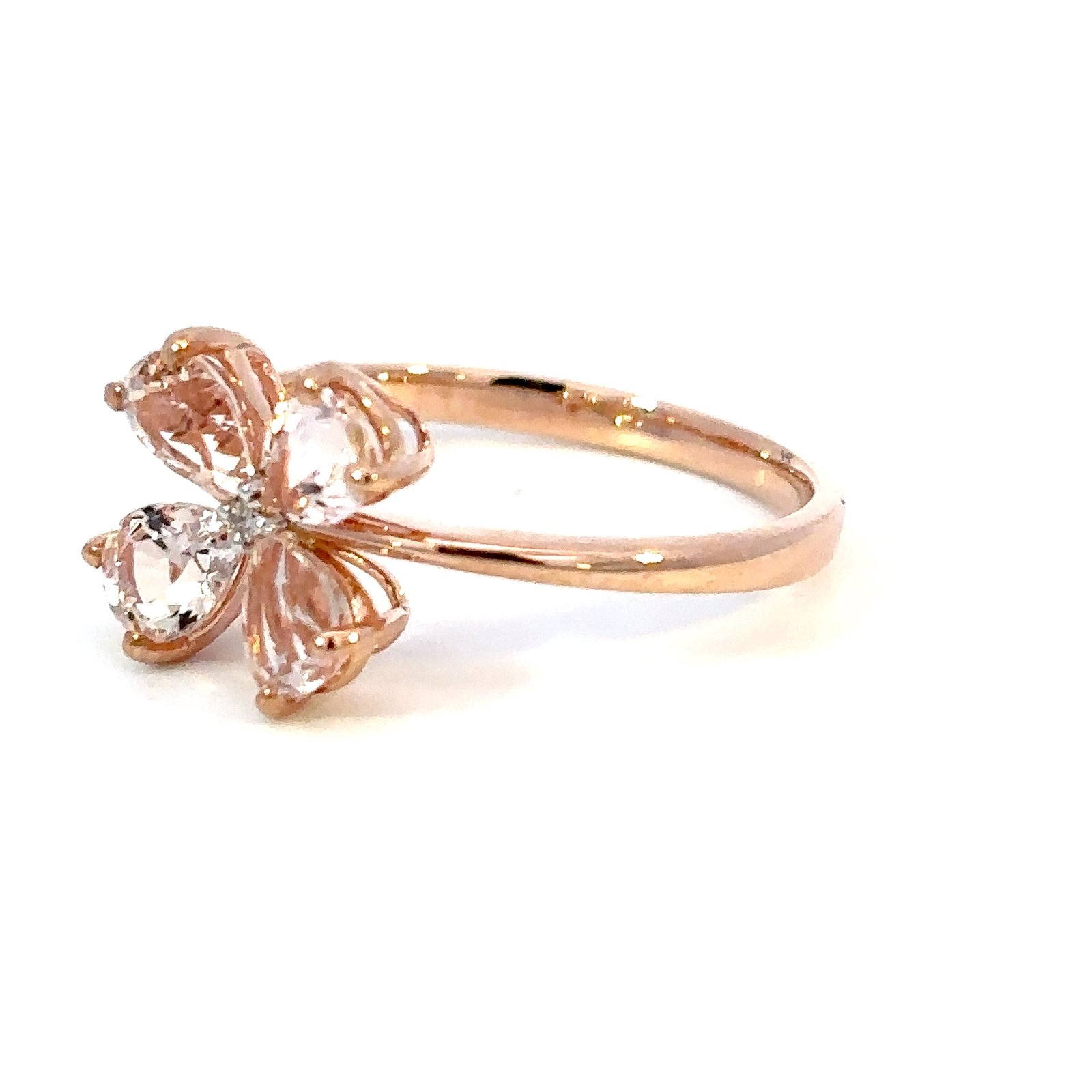 9K Rose Gold Ring 4 Pear shaped Morganites TCW 1.23 Carat Round White Diamond 0.01 Carat - Image 2