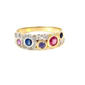 9K Yellow Gold Ring Multi-colored Sapphires TCW 0.75 Carat White Diamonds TDW 0.11 Carat