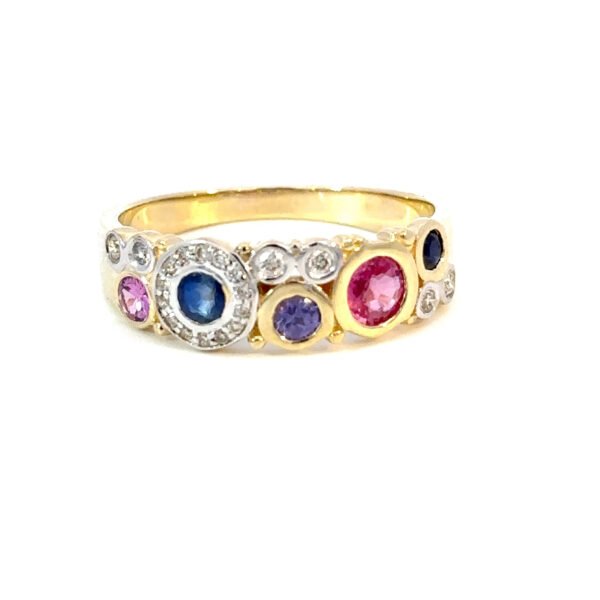 9K Yellow Gold Ring Multi-colored Sapphires TCW 0.75 Carat White Diamonds TDW 0.11 Carat