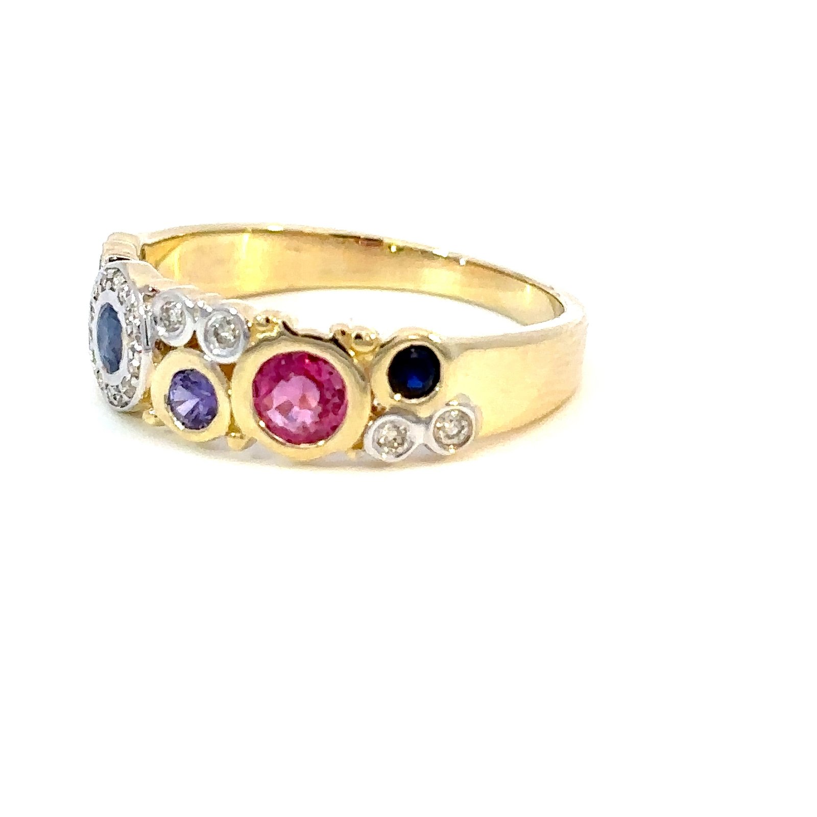 9K Yellow Gold Ring Multi-colored Sapphires TCW 0.75 Carat White Diamonds TDW 0.11 Carat - Image 3