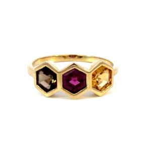 9K Yellow Gold Ring Hexagon shaped multi-colored Stones TCW 1.87 Carat