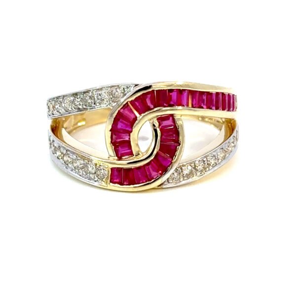 9K Yellow Gold Ring Baguette Rubies TCW 0.82 Carat White Diamonds TDW 0.35 Carat