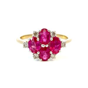9K Yellow Gold Ring 4 Oval Rubies TCW 1.8 Carat White Diamonds TDW 0.25 Carat