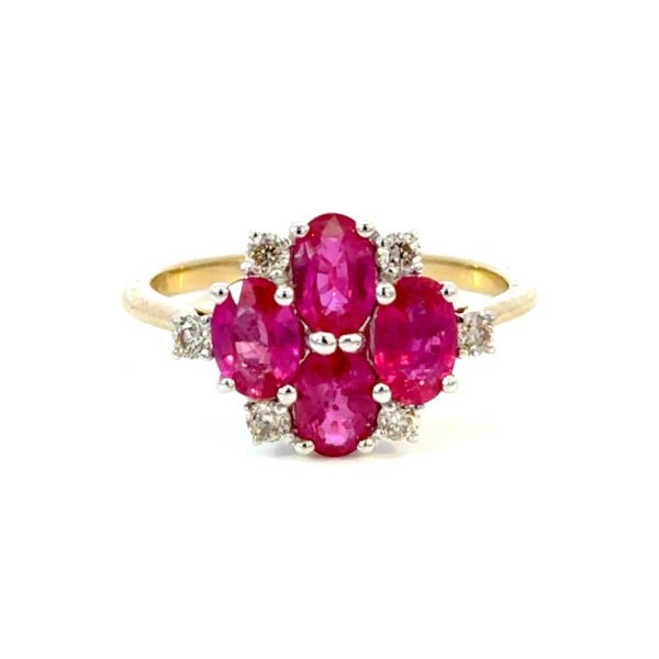 9K Yellow Gold Ring 4 Oval Rubies TCW 1.8 Carat White Diamonds TDW 0.25 Carat