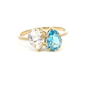 9K Yellow Gold Ring Pear Blue Topaz 1.13 Carat Pear White Topaz 1.22 Carat