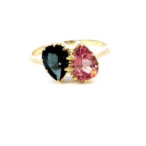 9K Yellow Gold Ring Pear Pink Tourmaline 1.11 Carat Pear Green Tourmaline 1.09 Carat