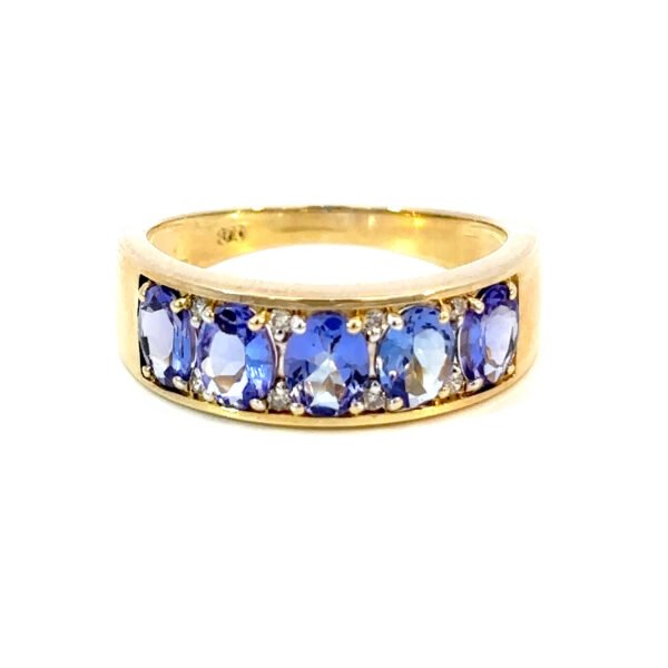 9K Yellow Gold Ring 5 Oval Tanzanites TCW 1.62 Carat White Diamonds TDW 0.06 Carat