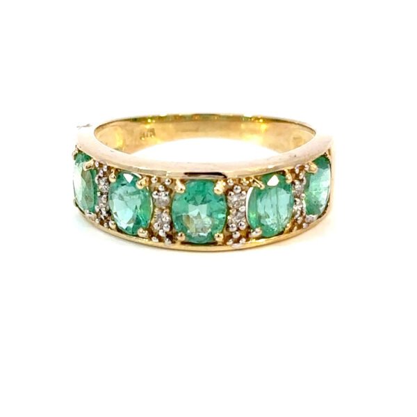9K Yellow Gold Ring 5 Oval Emeralds TCW 1.57 Carat White Diamonds TDW 0.09 Carat