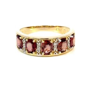9K Yellow Gold Ring 5 Oval Rubies TCW 1.94 Carat White Diamonds TDW 0.08 Carat