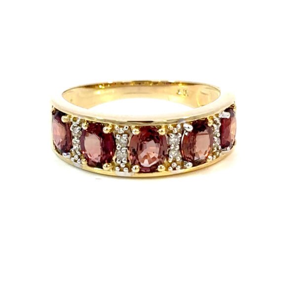 9K Yellow Gold Ring 5 Oval Rubies TCW 1.94 Carat White Diamonds TDW 0.08 Carat
