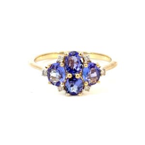 9K Yellow Gold Ring 4 Tanzanites TCW 1.06 Carat 6 Round White Diamonds TDW 0.06 Carat