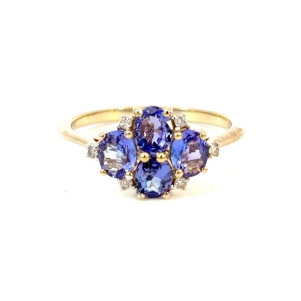 9K Yellow Gold Ring 4 Tanzanites TCW 1.06 Carat 6 Round White Diamonds TDW 0.06 Carat