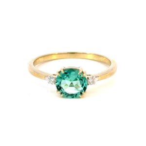 9K Yellow Gold Ring Round Colombian Emerald 0.93 Carat 2 Round White Diamonds TDW 0.05 Carat