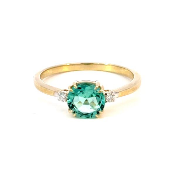 9K Yellow Gold Ring Round Colombian Emerald 0.93 Carat 2 Round White Diamonds TDW 0.05 Carat
