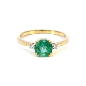 9K Yellow Gold Ring Round Emerald 1.3 Carat 2 Round White Diamonds TDW 0.05 Carat