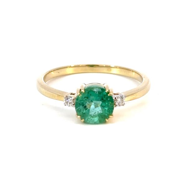9K Yellow Gold Ring Round Emerald 1.3 Carat 2 Round White Diamonds TDW 0.05 Carat