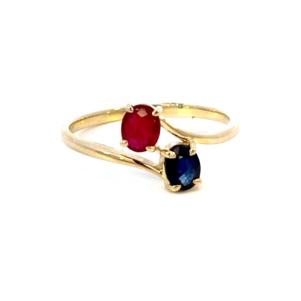 9K Yellow Gold Ring Oval Sapphire 0.43 Carat Oval Ruby 0.5 Carat