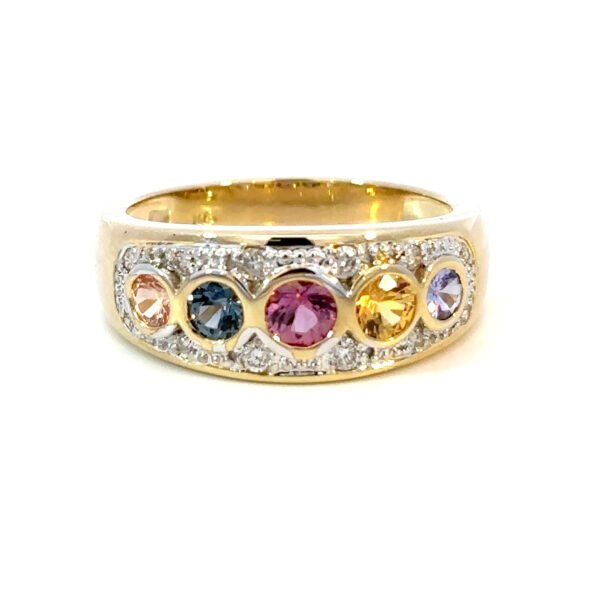 9K Yellow Gold Ring 5 Round multi-colored Sapphires TCW 1.0 Carat White Diamonds TDW 0.16 Carat