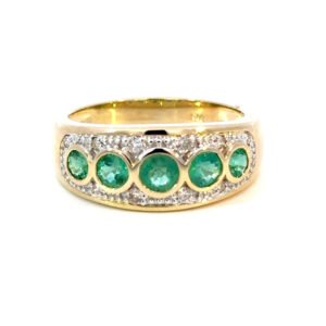 9K Yellow Gold Ring 5 Round Emeralds TCW 0.78 Carat White Diamonds TDW 0.16 Carat