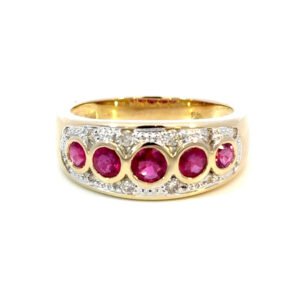 9K Yellow Gold Ring 5 Round Rubies TCW 1.08 Carat White Diamonds TDW 0.15 Carat