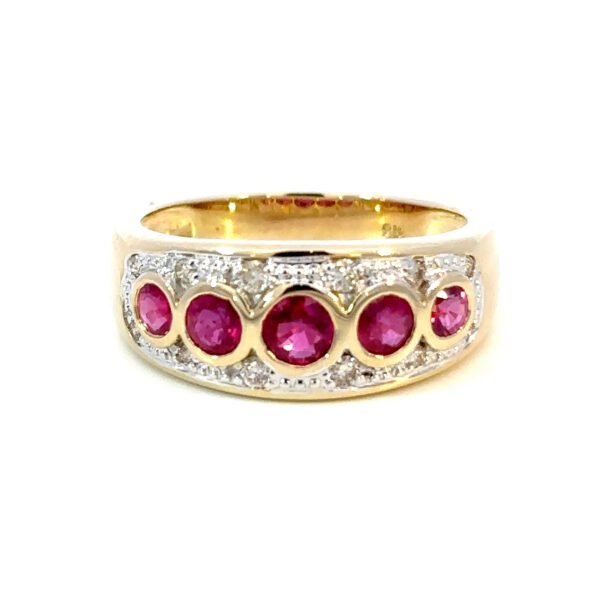 9K Yellow Gold Ring 5 Round Rubies TCW 1.08 Carat White Diamonds TDW 0.15 Carat